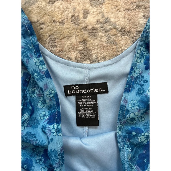 Vtg sleeveless blue floral lettuce hem sweetheart neckline mini dress formal M - Picture 3 of 5